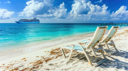 Fototapeta na wymiar Beautiful beach with beach chairs on white sand and cruise ship in sea background. AI generated