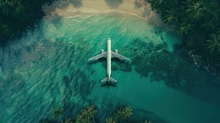 Aerial view a plane flight above tropical beach around green rainforest. AI generated image