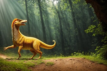 A dinosaur standing in a forest with trees in the background.