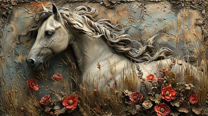 Fototapeta premium Plants, animals, horses, metal elements, texture background, modern paintings