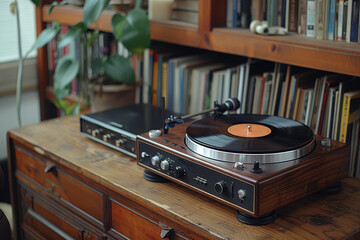 A classic vinyl record player beside a digital streaming service playing the latest music releases. Concept of audio technology. Generative Ai.