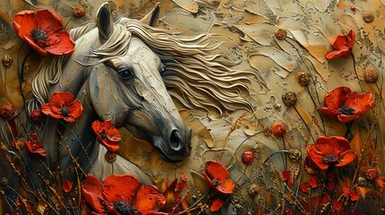 Naklejka premium Plants, animals, horses, metal elements, texture background, modern paintings