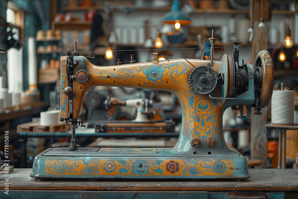 Poster a vintage sewing machine beside a computerized sewing machine with automated functions. concept of t
