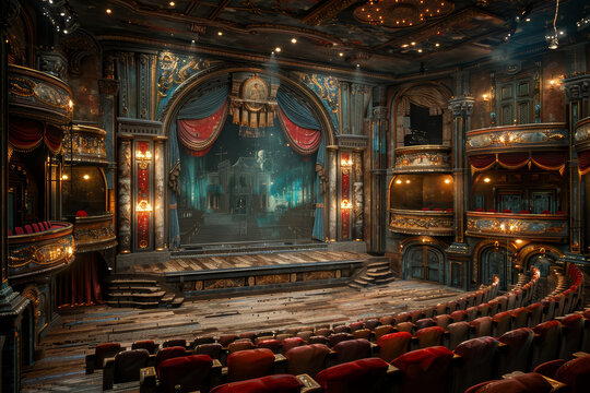 A historic theater staging Shakespearean plays alongside a cinema showing blockbuster movies. Concept of entertainment evolution. Generative Ai.