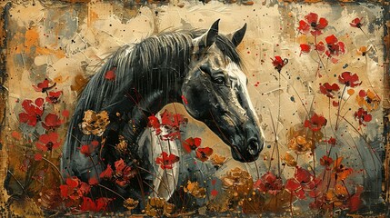 Plants, animals, horses, metal elements, texture background, modern paintings