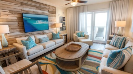 Interior building room rental condo room summer vacation with beach themed decoration. AI generated