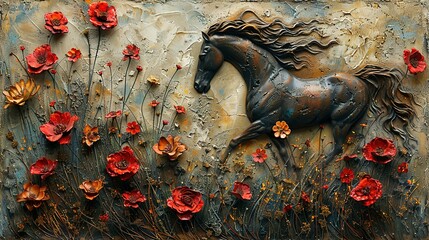 Obraz premium Plants, animals, horses, metal elements, texture background, modern paintings
