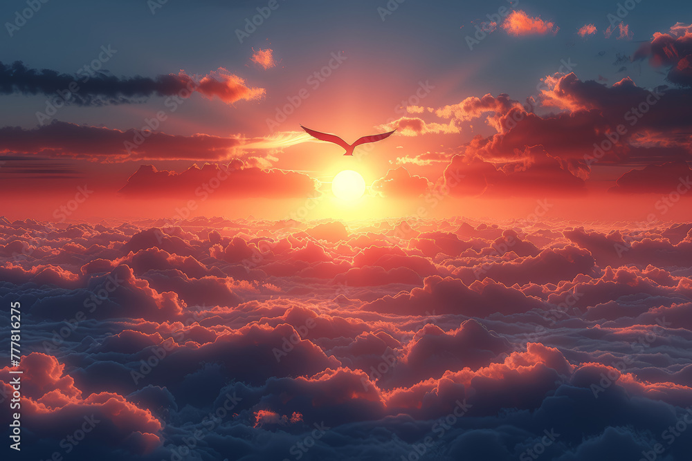 Poster a bird soaring high above the clouds, disappearing into the distant sky. concept of freedom and flig