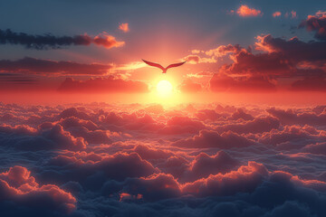 A bird soaring high above the clouds, disappearing into the distant sky. Concept of freedom and...
