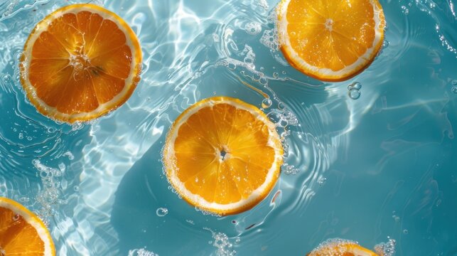 Fresh orange fruit slices on cool blue water for summer composition concept. AI generated image
