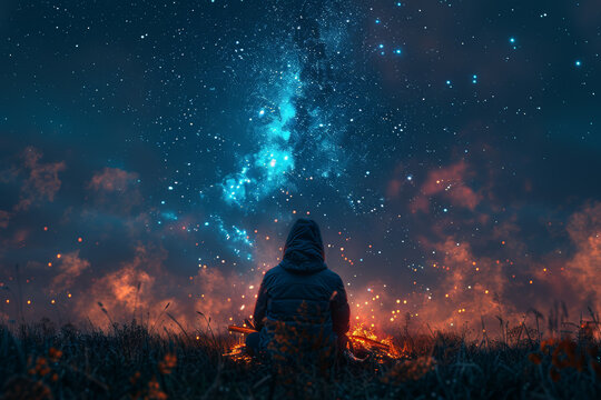 A camper sitting by the campfire, mesmerized by the distant flickering stars in the night sky. Concept of wilderness and solitude. Generative Ai.