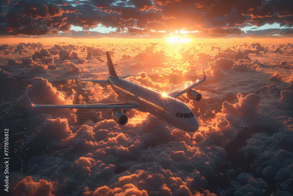 Poster a pilot navigating the aircraft through the clouds towards the distant airport runway. concept of av