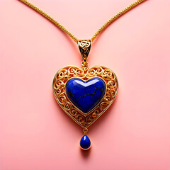 beautiful intricate ornate antique gold and lapis lazuli heart-shaped charm/pendant/necklace with elaborate filigree on golden chain - studio shot jewelry (costume jewelry)
