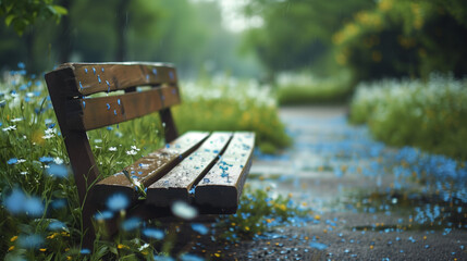 A wooden bench in a park with flowers and grass. AI.