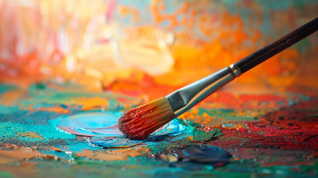 A paintbrush is dipped into a blue and orange paint. AI.