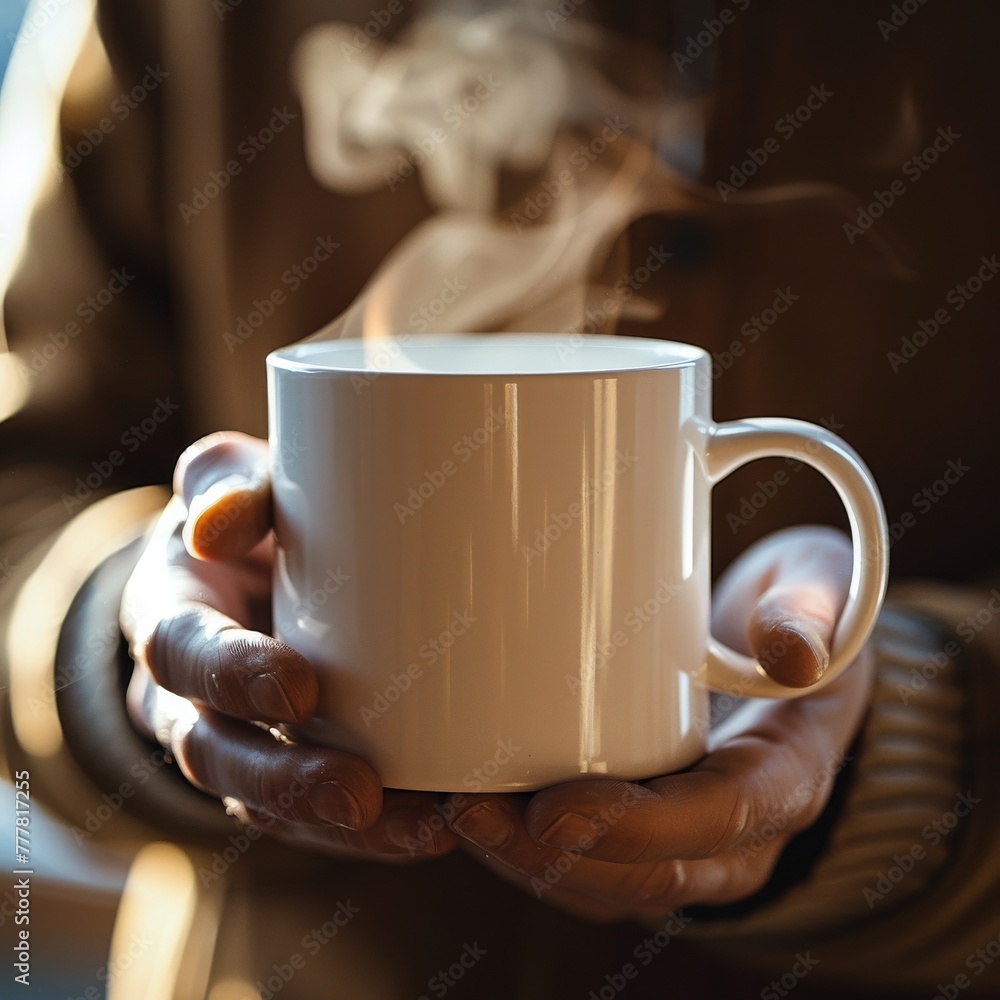 Canvas Prints A plain white coffee mug being held in male hands. 