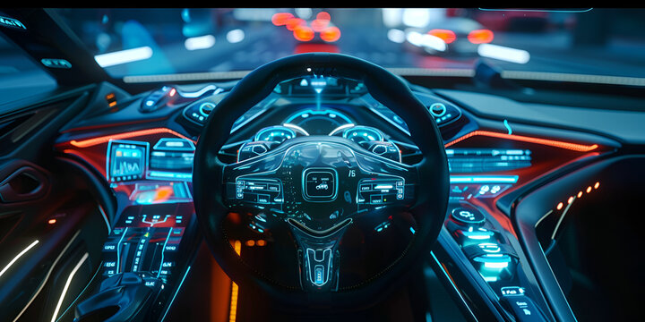Interior of a futuristic electric car, autonomous futuristic car dashboard concept with HUD and hologram screens and infotainment system