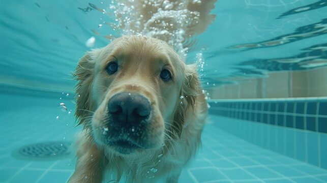 Portrait underwater of golden retriever dog swim at water of swimming pool. AI generated image