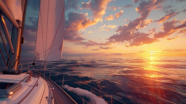 Sailboat deck view at sailing on large open sea at sunset scene background. AI generated image
