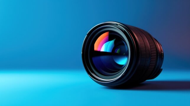 Close up a digital camera lens isolated on blue background. AI generated image