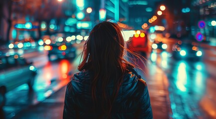 a woman is walking down a city street at night time