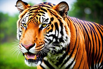 A tiger standing in the grass with its mouth open and its eyes looking directly at the camera.