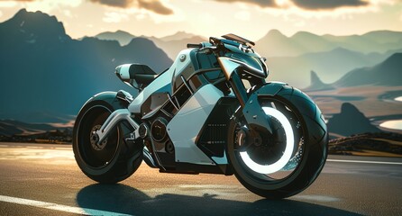 a futuristic motorcycle parked on a road near mountains at sunset