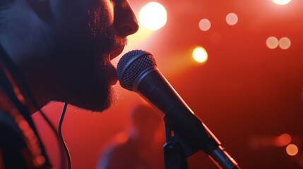 a man standing in front of a microphone on a stage