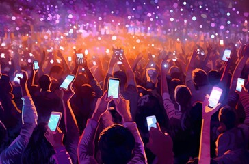 a crowd of people holding up their cell phones in the air at a concert with bright lights on them