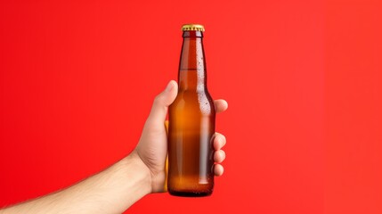 Hand holding a brown bottle of beer against bright red background.