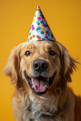 Happy Birthday Pet Dog Portrait, Puppy Animal Greeting Card Design, Holiday New Years Celebration Concept, Marketing Backdrop, Fun Party Background, Veterinarian Wallpaper with Copy Space for Text