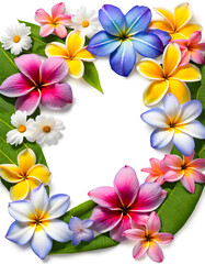 Portrait close-up image of natural plumeria daisy cosmos and periwinkle flowers border frame