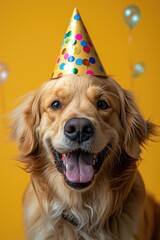 Happy Birthday Pet Dog Portrait, Puppy Animal Greeting Card Design, Holiday New Years Celebration Concept, Marketing Backdrop, Fun Party Background, Veterinarian Wallpaper with Copy Space for Text