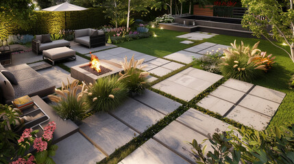 A sprawling backyard landscape design featuring a modern patio area with sleek concrete pavers, surrounded by lush, ornamental grasses and a variety of flowering plants.