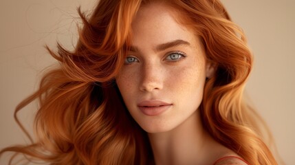 Close up shot of young woman with long copper colored hair.