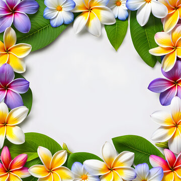 Square close-up image of natural plumeria daisy cosmos and periwinkle flowers border frame