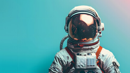 Closeup of astronaut in helmet, against electric blue background