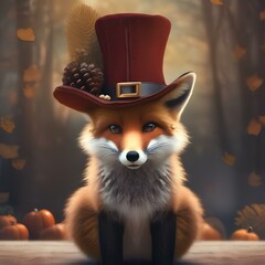 A fox wearing a pilgrim hat and holding a Thanksgiving turkey2 - obrazy, fototapety, plakaty