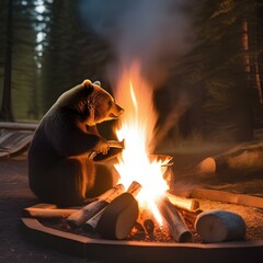 A bear roasting marshmallows over a campfire for summer camping5