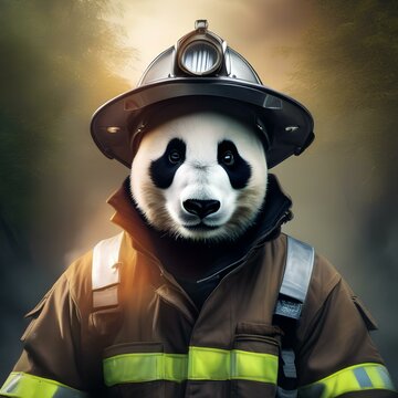 A panda wearing a firefighter helmet and putting out a fire4
