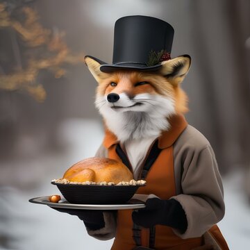 A fox wearing a pilgrim hat and holding a Thanksgiving turkey3