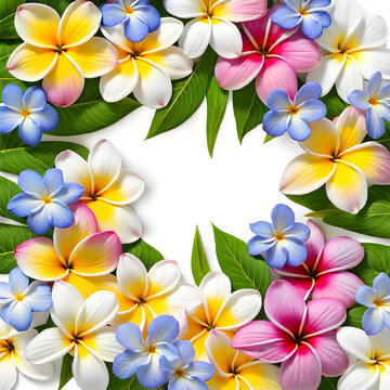 Square close-up image wide frame of natural plumeria daisy cosmos and periwinkle flowers