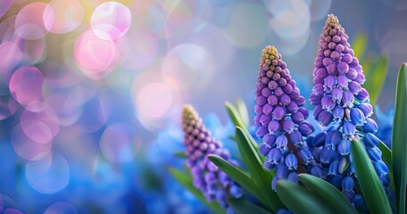 Muscari Close-Up with Lush Green Leaves, Embracing Spring's Arrival - obrazy, fototapety, plakaty