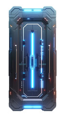 futuristic spaceship metal doors on glowing blue neon background