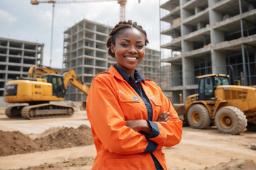 Young black African woman at construction site standing with her arms crossed and looking at the camera, smiling with confident, proud expression. Skilled female professional architect or engineer