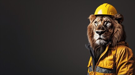 A lion, exuding calm authority, is outfitted in a safety jacket and yellow helmet, standing against a clean, understated backdrop for World Safety Day.