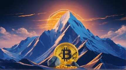 Bitcoin superimposed over a snowy mountain peak - obrazy, fototapety, plakaty
