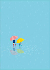 雨が降る中、傘をさして一緒に歩いている少女と男の子のイラスト（タテ型）
