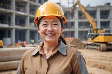 Middle aged female Asian engineer, Oriental woman smiling and looking at the camera, standing at construction site with workers and building behind, wearing a safety helmet and uniform