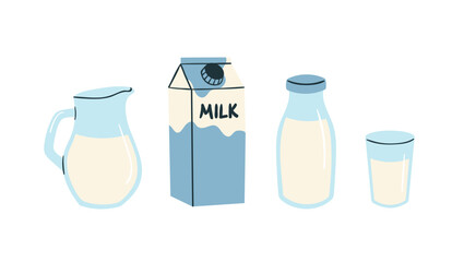 Vector illustration of milk. Bottle of milk, glass, package, jug